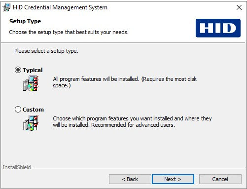 HID Credential Management System Setup Type dialog box with the Typical option selected